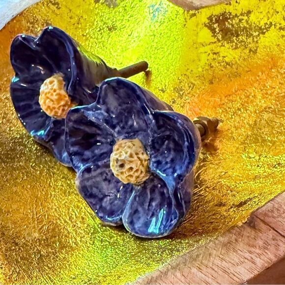 Anthropologie RARE Blue & Yellow Floral Knobs-Set of 2 - Picture 4 of 6